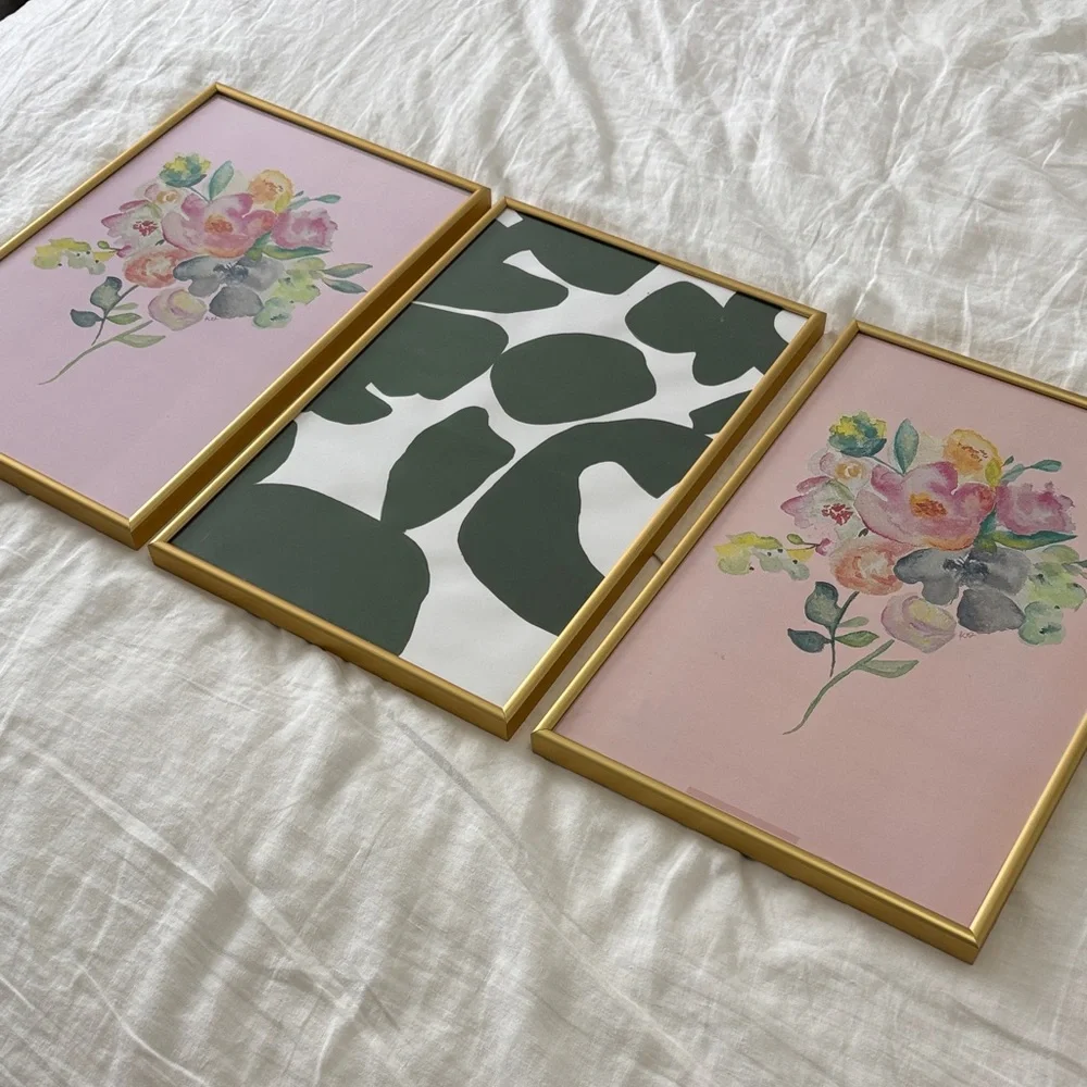 Set of 3 Floral & Green Abstract Gold Frames 11 x 17